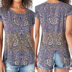 Lucky Brand 1X Navy Blue Paisley Split Back Cotton Modal‎ Tee T-Shirt Plus Size